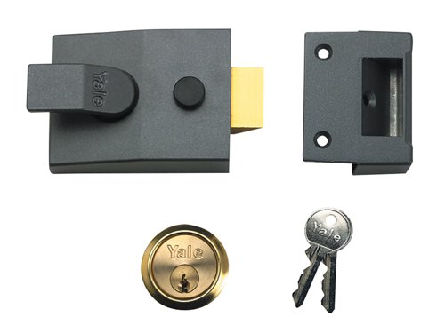 The Yale 88 Standard nightlatch security lock is key operated from the outside and lever handle operated from the inside. The latch automatically deadlocks on closing the door and the snib function (bolt hold back button) enables the latch to be held back.Supplied with 1109 Cylnder in brass or chrome finish.The 88 series security nightlatches have a 60mm backset, this is the measurement from the edge of the door to the centre of the keyhole. Locks with a 40mm backset are normally used where there is restricted space, such as on a narrow glass panelled door.This Yale 88DMGS has a hardened Case Finish in Dark Metallic Grey and the Cylinder is Finished in satin chrome. The lock is covered by a 2 Year Guarantee and has a High Security Rating. Key Blank: B-1109-KEY
