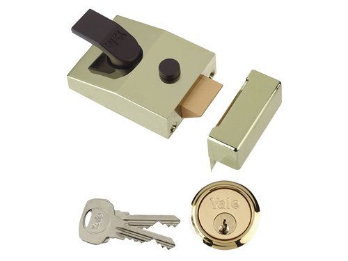 The Yale 89 series deadlocking standard nightlatch security locks are some of the most widely-used front door latches. They are key operated from the outside and lever handle operated from the inside. The latch automatically deadlocks on closing the door and the snib function (bolt hold back button) enables the latch to be held back.The inside handle can also be deadlocked by a reverse turn of the key in the cylinder giving additional security (when deadlocked in this manner the latch cannot be opened from the inside, only from the outside with the key).Supplied with 1109 Cylinder.Finish: Brasslux, Chrome or Dark Metal Grey (DMG).The 89 series security nightlatches have a 60mm backset, this is the measurement from the edge of the door to the centre of the keyhole.This Yale 89BLX has a hardened Case Finish in Brasslux and the cylinder is finished in Polished brass. The lock is covered by a 2 Year Guarantee and has a High Security Rating.Pack: Boxed
