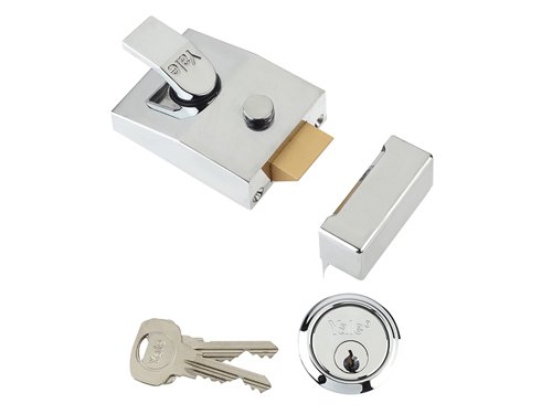 The Yale 89 series deadlocking standard nightlatch security locks are some of the most widely-used front door latches. They are key operated from the outside and lever handle operated from the inside. The latch automatically deadlocks on closing the door and the snib function (bolt hold back button) enables the latch to be held back.The inside handle can also be deadlocked by a reverse turn of the key in the cylinder giving additional security (when deadlocked in this manner the latch cannot be opened from the inside, only from the outside with the key).Supplied with 1109 Cylinder.Finish: Brasslux, Chrome or Dark Metal Grey (DMG).The 89 series security nightlatches have a 60mm backset, this is the measurement from the edge of the door to the centre of the keyhole.This Yale 89CH has a hardened Case Finish in Polished Chrome and the Cylinder is Finished in Polished Chrome. The lock is covered by a 2 Year Guarantee and has a High Security Rating.Pack: Boxed