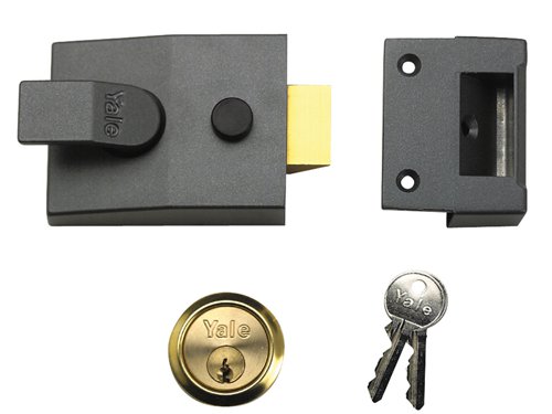 The Yale 91 basic nightlatch security lock is key operated from the outside and lever handle operated from the inside. On closing the door the snib function (bolt hold back button) enables the latch to be held back.This lock is non deadlocking and is ideal for use in hotels. Supplied with 1109 Cylinder.The 91 basic nightlatch has a 60mm backset, this is the measurement from the edge of the door to the centre of the keyhole. Locks with a 40mm backset are normally used where there is restricted space, such as on a narrow glass panelled door.This Yale 91DMGPB has a hardened Case Finish in Dark Metallic Grey and the Cylinder is Finished in Polish Brass. The lock is covered by a 2 Year Guarantee and has a Standard Security Rating.Pack: Boxed.