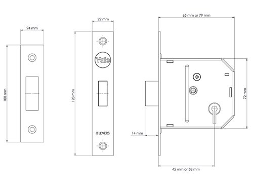 The Yale PM322 3 lever mortice deadlocks offer a standard level of security and are suitable for use on internal timber doors. The deadbolt is locked or unlocked by key from either side.These deadlocks also have a 13mm anti-saw deadbolt and have a 10 year guarantee.A deadlock has a single deadbolt which is locked or unlocked and locked by means of a key from either side, whereas, a sashlock has both a deadbolt and a latch which is operated from either side by a lever handles.The security level of mortice deadlocks or sashlocks ranges from 2-5 levers. The higher the number of levers the more secure the lock is.Finish: Polished BrassCase Size: 79mm x 72mm (3 in)Backset: 57mm This is the measurement from the edge of the door to the centre of the keyhole