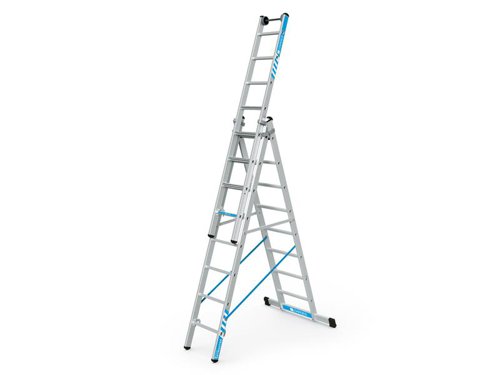 The Zarges Skymaster Plus X Combination Ladder provides a flexible solution for accessing higher places safely whilst providing extra stability. Safe and comfortable to use, rigid locking bars on both sides provide maximum stability. High-strength Perlon straps with sewn-in fixing tab prevent splaying. The upper ladder can be used separately as a single ladders (Models 41578-41579).Particularly light thanks to the combination of stepladder and rung ladder (hybrid design). The upper ladder is equipped with top wheel assembly for easy positioning and set-up. An optimum wrap-around stile guide encompasses the whole rung. Rung hook and stile guides are bolted in and can therefore be replaced. Replaceable 2-component plastic end caps ensure positioning without risk of slipping. The horizontal stabiliser bar is fitted with castors for ergonomic transport.All sizes conform to EN131 professional standards, with a 150kg rating and a 10 year guarantee.This Zarges Skymaster Plus X Combination Ladder has the following specification:Number of Rungs: 3 x 8.Ladder Length:3-Part Single Ladder: 5.81m.2-Part Single Ladder/Stepladder with Push-On Section: 4.13m.Overall Length, Retracted: 2.4m.Stile Depth: 73mm.Vertical Distance between each Rung/Tread: 265mm.Transport Dimensions (approx.):  2,450 x 500 x 220mm.Weight: 18.8kg.Delivered Direct to Business, Site or Home; please note: a carriage surcharge may apply dependent upon the delivery address, contact us for further details.