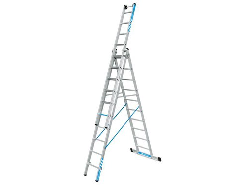 The Zarges Skymaster Plus X Combination Ladder provides a flexible solution for accessing higher places safely whilst providing extra stability. Safe and comfortable to use, rigid locking bars on both sides provide maximum stability. High-strength Perlon straps with sewn-in fixing tab prevent splaying. The upper ladder can be used separately as a single ladders (Models 41578-41579).Particularly light thanks to the combination of stepladder and rung ladder (hybrid design). The upper ladder is equipped with top wheel assembly for easy positioning and set-up. An optimum wrap-around stile guide encompasses the whole rung. Rung hook and stile guides are bolted in and can therefore be replaced. Replaceable 2-component plastic end caps ensure positioning without risk of slipping. The horizontal stabiliser bar is fitted with castors for ergonomic transport.All sizes conform to EN131 professional standards, with a 150kg rating and a 10 year guarantee.This Zarges Skymaster Plus X Combination Ladder has the following specification:Number of Rungs: 3 x 10.Ladder Length:3-Part Single Ladder: 7.6m.2-Part Single Ladder/Stepladder with Push-On Section: 4.94m.Overall Length, Retracted: 3.01m.Stile Depth: 85mm.Vertical Distance between each Rung/Tread: 265mm.Transport Dimensions (approx.): 3,015 x 500 x 230mm.Weight: 26.2kg.Delivered Direct to Business, Site or Home; please note: a carriage surcharge may apply dependent upon the delivery address, contact us for further details.
