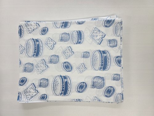 Greaseproof Paper Printed Blue Burger Wraps 250x320x45mm Pack 1000