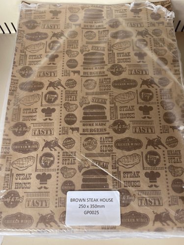 Printed Brown STEAKHOUSE Tray Liner/Food Wrap 250x350x45mm Pack 1000