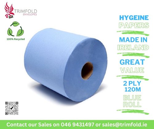 200x178mm 2Ply Centre Feed Blue Roll 120m with 60mm Core - 100% Recycled - 6 Rolls Per Pack - Dawn Paper - CF BLUE ROLL 120MT 2PLY - McArdle Computer and Office Supplies