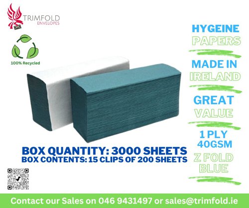 230x230mm 40gsm 1 Ply Z Fold Blue Hand Towel 100% Recycled Paper 3000 Sheets per Box