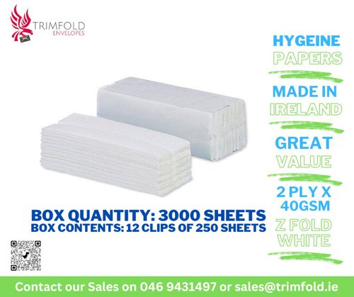 230x230mm 40gsm 2 Ply Z Fold White Hand Towel 100% Pure Cellulose 3000 Sheets per Box