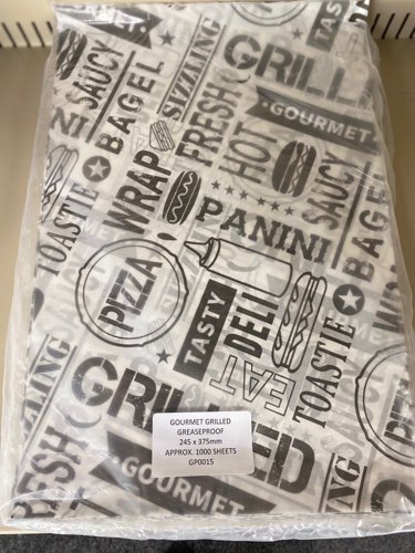 Printed GOURMET GRILLED Tray Liner/Food Wrap 375x245x45mm Pack 1000