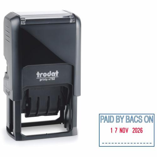Trodat Printy Dater 4750L Self-inking Stamp (39 x 23mm) - This stamp prints the word 'PAID BY BACS ON' in red and blue ink, perfect for office use.