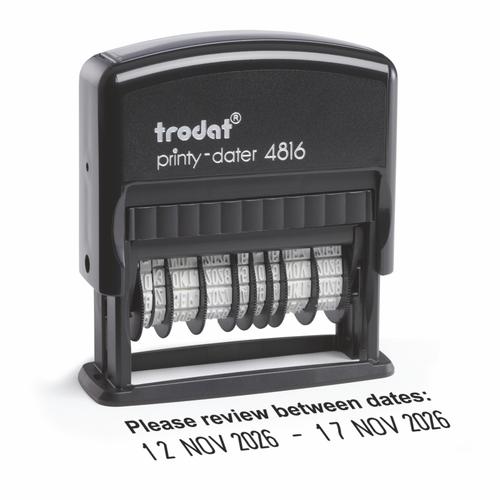 Trodat Printy 4816 Double Date Self Inking Custom Stamp - Imprint Area 51 x 5 mm +3.8mm date height - 1 line of text above the double date