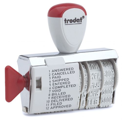 Trodat Classic Line 1117 Dial a Phrase Dater Stamp - Perfect for use in the office, this stamp features 12 common phrases alongside a 4mm Date. 54344