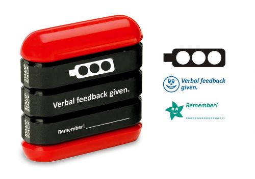 Trodat 3-in-1 Teachers' Stampstack - (Feedback) - This stack features 3 popular classroom phrases making it a great educational tool.