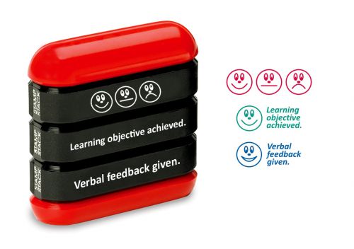 Trodat 3-in-1 Teachers' Stampstack - Faces (Marking Faces; Learning Objective Achieved; Verbal Feedback Given)