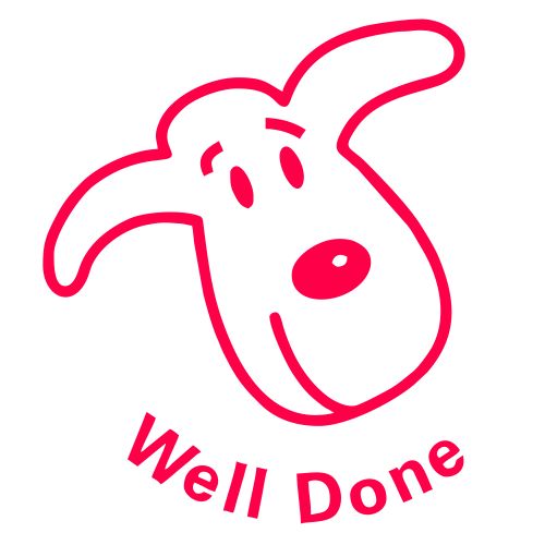 Trodat Classmates Education Stamp - Perfect for in the classroom, this self-inking stamp features the phrase 'WELL DONE' alongside the image of a dog.