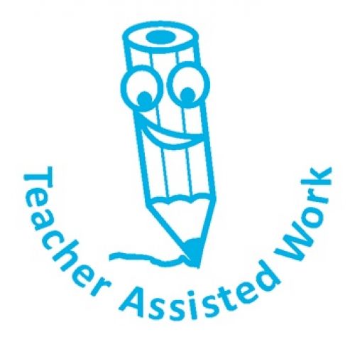 Trodat Classmates Education Stamp - For in the classroom, this self-inking stamp features the phrase 'TEACHER ASSISTED WORK' and the image of a pencil