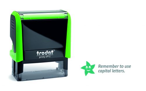 Trodat Classmate Printy 4912 Self-inking Stamp - Remember 1A features the phrase 'Remember to use capital letters', perfect for use in the classroom.