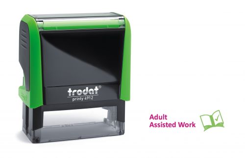 Trodat Classmate Printy 4912 Self-inking Stamp. This stamp features the phrase 'Adult Assisted Work', perfect for in the classroom.