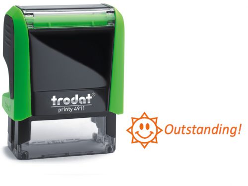 Trodat Classmate Printy 4911 Self-inking Stamp. This stamp features the phrase 'Outstanding!', perfect for use in the classroom.