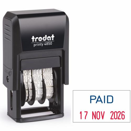 Trodat Printy 4850/L2 Self Inking Word and Date Stamp PAID 25x5mm Blue/Red Ink