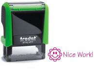 Trodat Classmate Printy 4911 Self-inking Stamp. This stamp features the phrase 'Nice Work!', perfect for use in the classroom.
