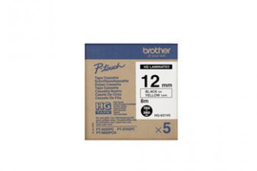 Brother P-touch HG-631V5 (12mm x 8m) Black On Yellow High Grade Labelling Tape (Pack of 5)