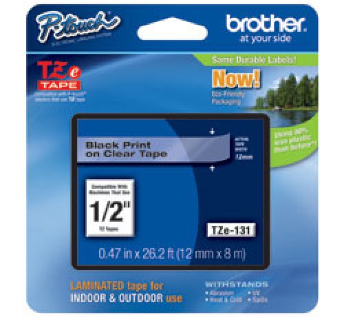 Brother P-touch TZe-131 (12mm x 8m) Black On Clear Laminated Labelling Tape