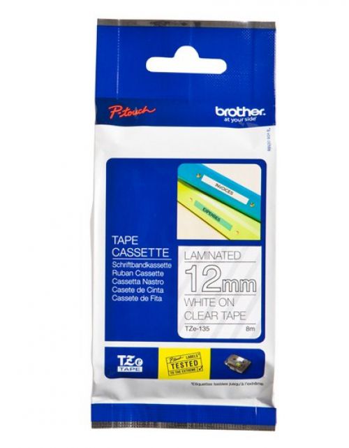 Brother P-touch TZe-135 (12mm x 8m) White On Clear Laminated Labelling Tape