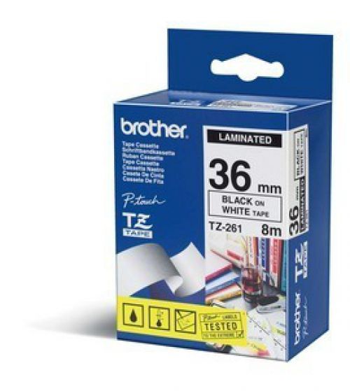 Brother TZe-261 (36mm x 8m) Black On White Gloss Laminated Labelling Tape
