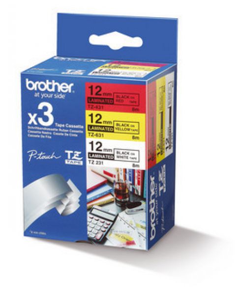 Bundle: Brother P-touch (12mmx 8m) Black On White (TZ-231) x 1 + Black On Yellow (TZ-631) x 1 Black On Red (TZ-431) x1 Laminated Labelling Tape