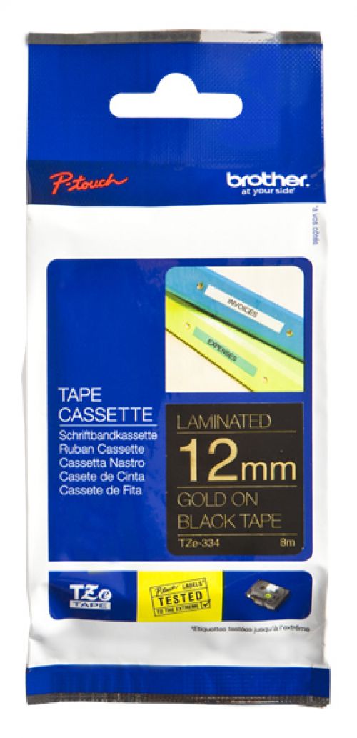 Brother P-touch TZe-334 (12mm x 8m) Gold On Black Labelling Tape
