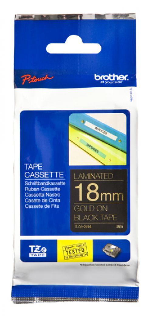 Brother P-touch TZe-344 (18mm x 8m) Gold On Black Laminated Labelling Tape