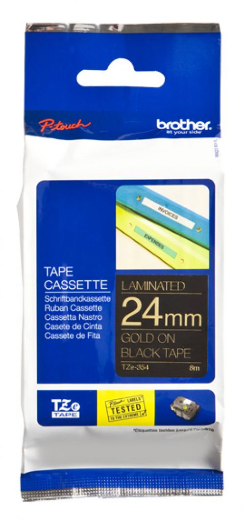 Brother P-touch TZe-354 (24mm x 8m) Gold On Black Laminated Labelling Tape