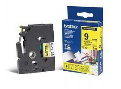 Brother P-touch TZe-621 (9mm x 8m) Black On Yellow Laminated Labelling Tape