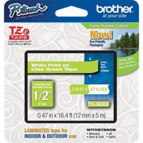Brother P-touch TZe-MQG35 (12mm x 5m) White On Lime Green Matt Laminated Labelling Tape