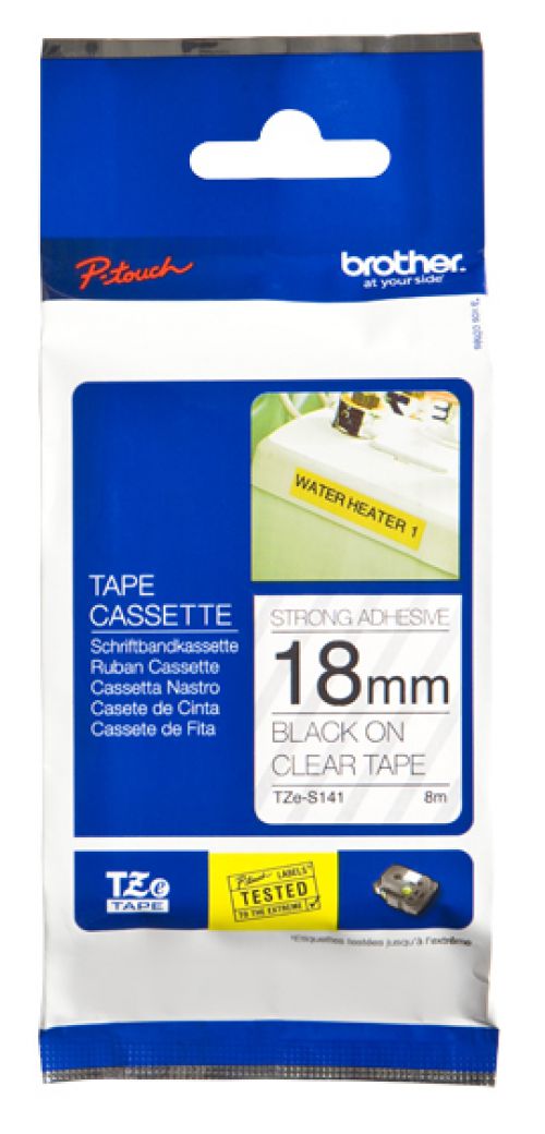 BROTZS141 | This genuine Brother TZe-S141 labelling tape cassette is guaranteed to provide you with crisp, sharp and easily readable labels that last.The special strong adhesive offers more sticking power to ensure your label stays attached on rough or uneven surfaces.Equally handy in the home, office or workplace, this laminated black on Clear TZe-S141 labelling tape can be used to identify the contents of everything from file folders and shelves to USB flash drives, as well as cables and other equipment.These self-adhesive laminated labels have been developed to withstand extremes of temperatures, and are resistant to chemicals, abrasion, sunlight and submersion in water, making them suitable for both indoor and outdoor use.TZe tape cassettes are quick and easy to install, and come in various label widths, colours and materials - ensuring your P-touch machine meets all your labelling needs.