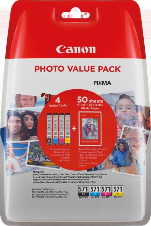 Canon Value Pack 4X6 Photo Paper CLI-571 C/M/Y/BK (Pack of 4 Ink Cartridges) Blister Pack + Security