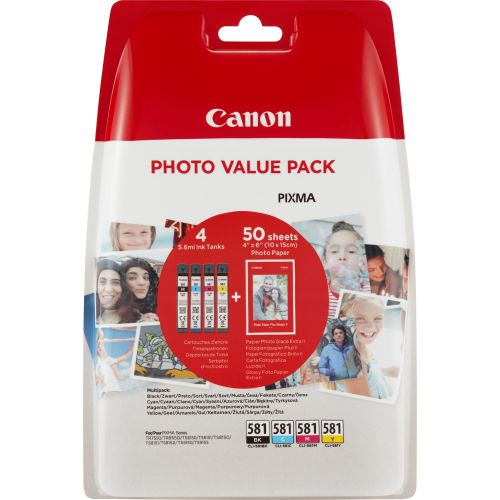 Bundle: Canon Photo Value Pack CLI-581 CMYK Ink Cartridge Multipack + Photo Paper 4x6 inch (50 Sheets) Blister Pack with Security