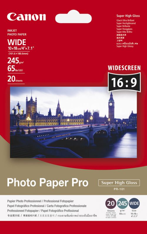 Canon Photo Paper Pro PR-101 Widescreen 16:9 (10 x 18cm) Photo Paper - Pack of 20 Sheets