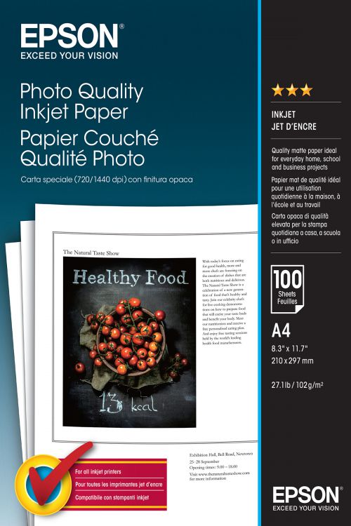 Epson (A4) 102g/m2 Photo Quality Matte Inkjet Max. 1440dpi Paper (White) 1 Pack of 100 Sheets