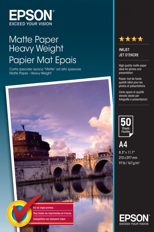 Epson (A4) 167g/m2 Heavy Weight Matte Paper (White) 1 Pack of 50 Sheets