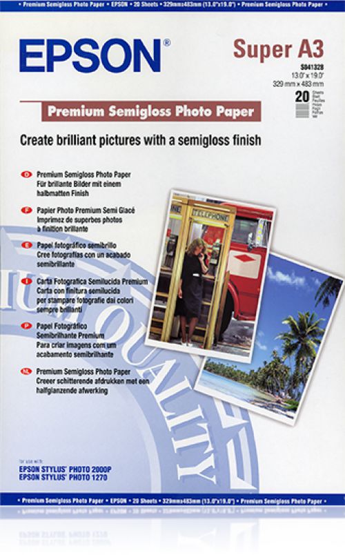 Epson Premium (Super A3) 329x483mm Semi-Gloss Photo Paper 251g/m2 (White) Pack of 20 Sheets