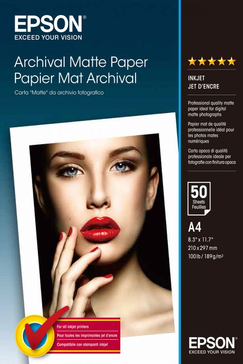 Epson (A4) 192g/m2 Archival Matte Paper (White) 1 Pack of 50 Sheets