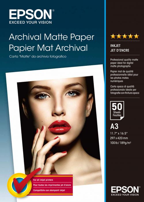 Epson (A3) 189g/m2 Archival Matte Paper (White) 1 Pack of 50 Sheets
