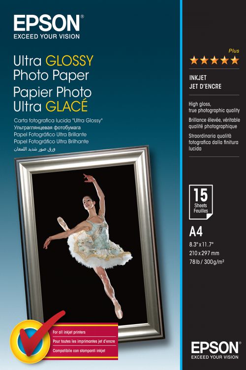 EPSSO41927 | Epson S041927 ultra glossy photo paper A4. Epsons glossiest photo printing paper. With increased whiteness opacity and rigidity. The industry leading high gloss super smooth surface offers true photographic quality that lasts for years. 300gsm.