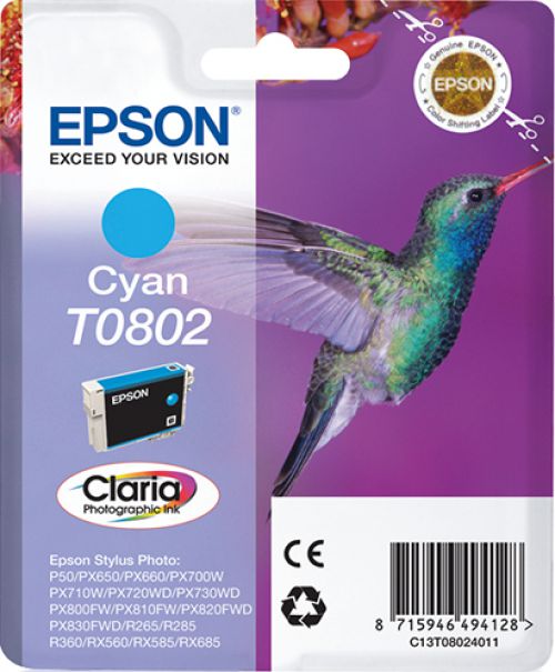 Epson Hummingbird T0802 (Yield: 900 Pages) Cyan Ink Cartridge