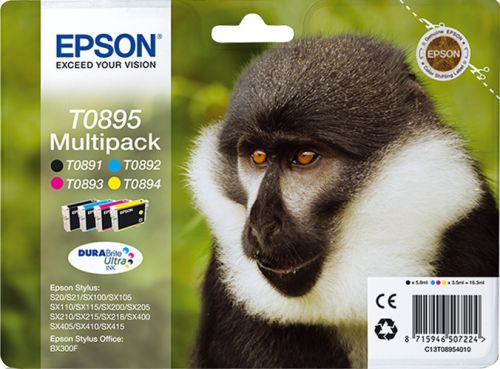 Epson Monkey T0895 (Yield: 180 Black/185 Cyan/135 Magenta/200 Yellow Pages) Black/Cyan/Magenta/Yellow Ink Cartridge Pack of 4