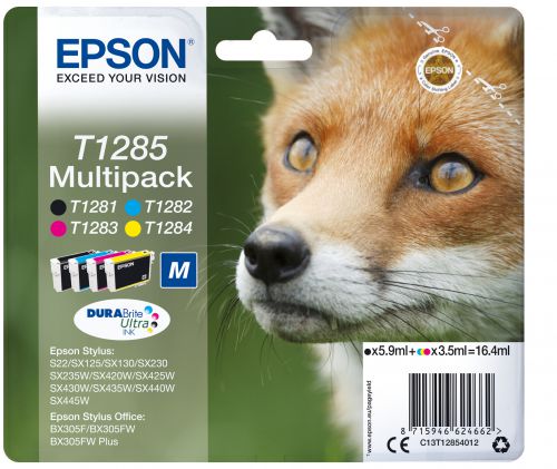 Epson Fox T1285 4 Colour Multipack Durabrite Ultra Ink Cartridges (Black, Cyan, Magenta, Yellow)