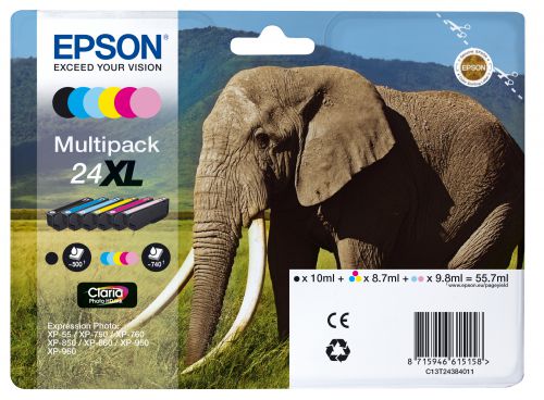 Epson Elephant 24XL (Yield: 500 Black/740 Colour Pages) High Yield Black/Cyan/Magenta/Yellow/Light Cyan/Light Magenta Ink Cartridge Pack of 6