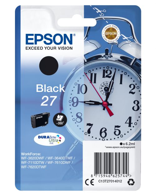 Epson Alarm Clock 27 Durabrite Ultra Ink Cartridge (Black) Blister for WorkForce WF-3620DWF/WF-7610DWF/WF-3640DTWF/WF-7620DTWF/WF-7110DTW Printers